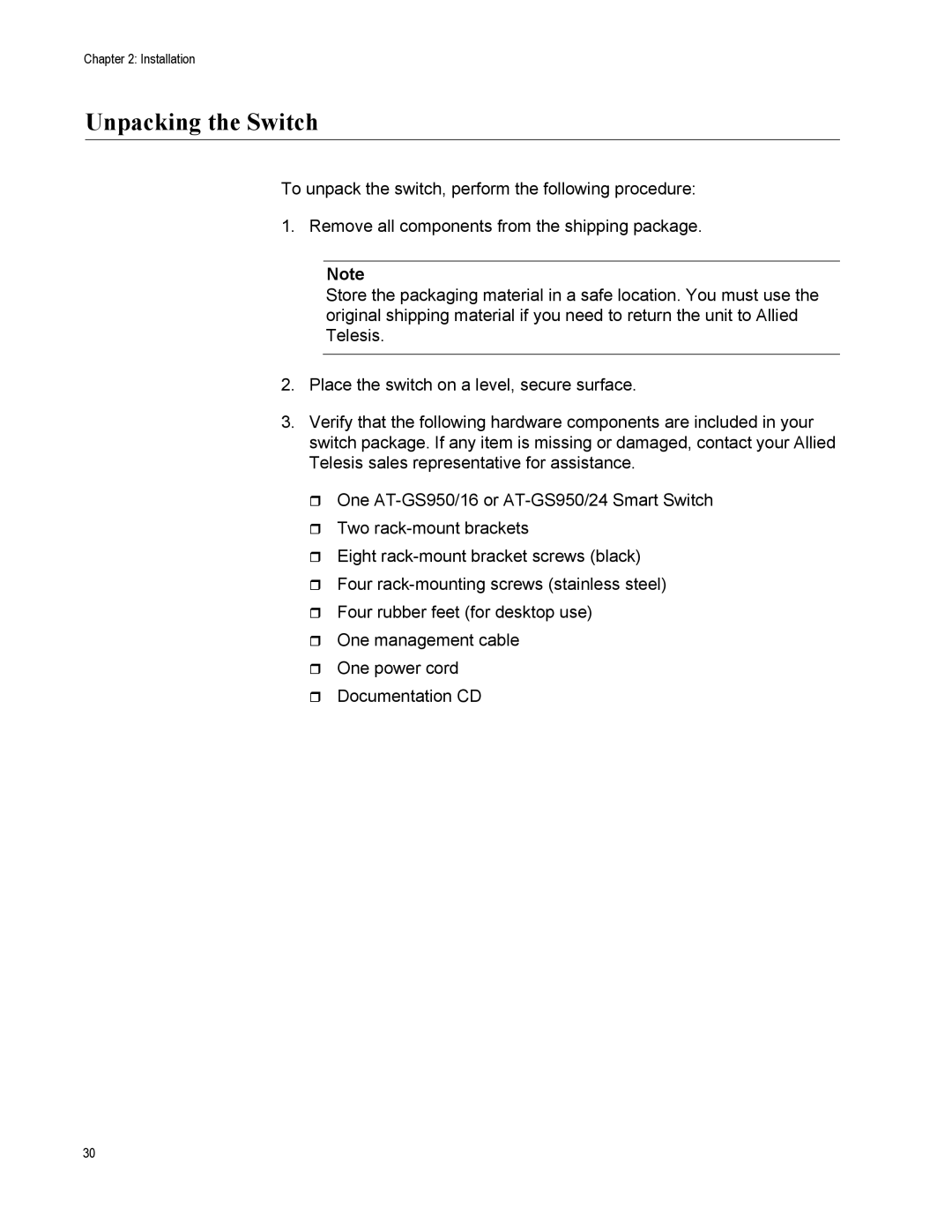 Allied Telesis AT-GS950/16-10 manual Unpacking the Switch 