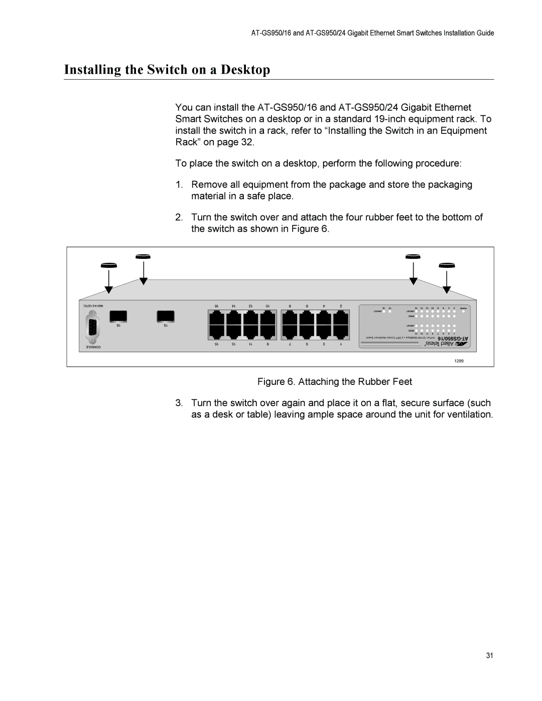 Allied Telesis AT-GS950/16-10 manual Installing the Switch on a Desktop 