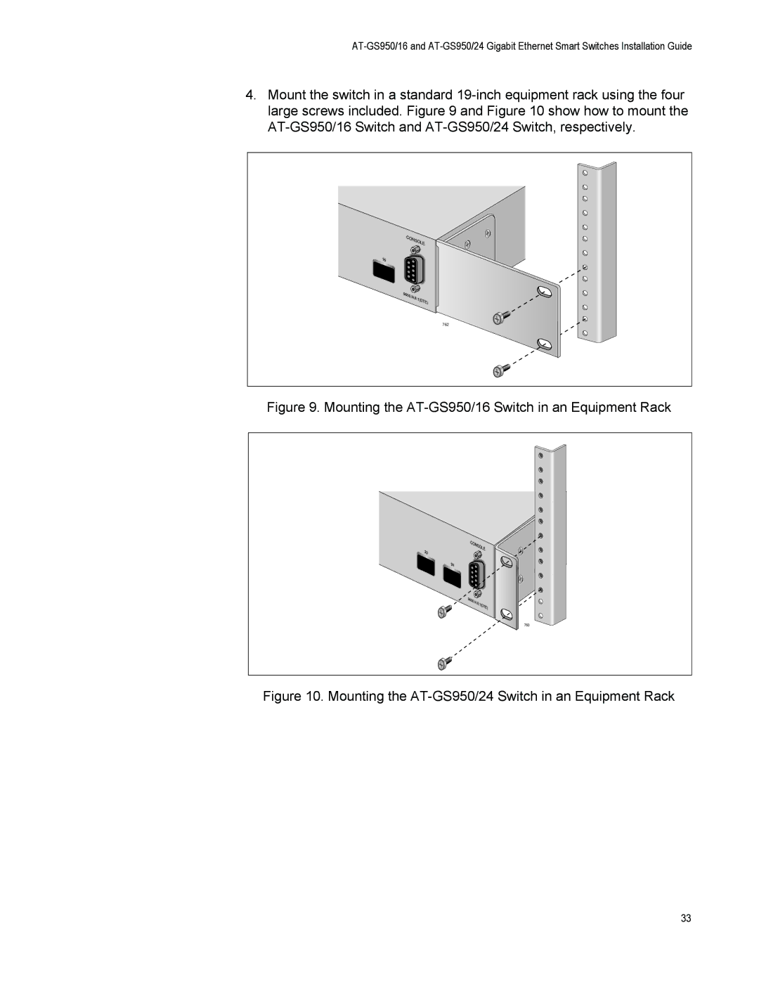 Allied Telesis AT-GS950/16-10 manual Mounting the AT-GS950/16 Switch in an Equipment Rack 