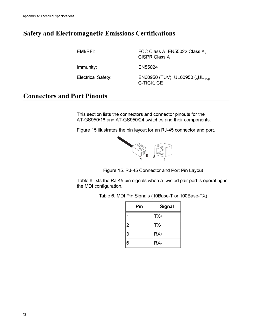 Allied Telesis AT-GS950/16 manual Safety and Electromagnetic Emissions Certifications, Connectors and Port Pinouts 