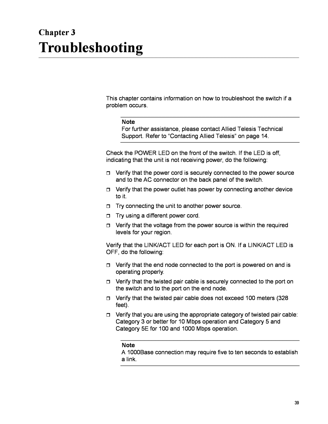 Allied Telesis AT-GS950/16-10 manual Troubleshooting, Chapter 