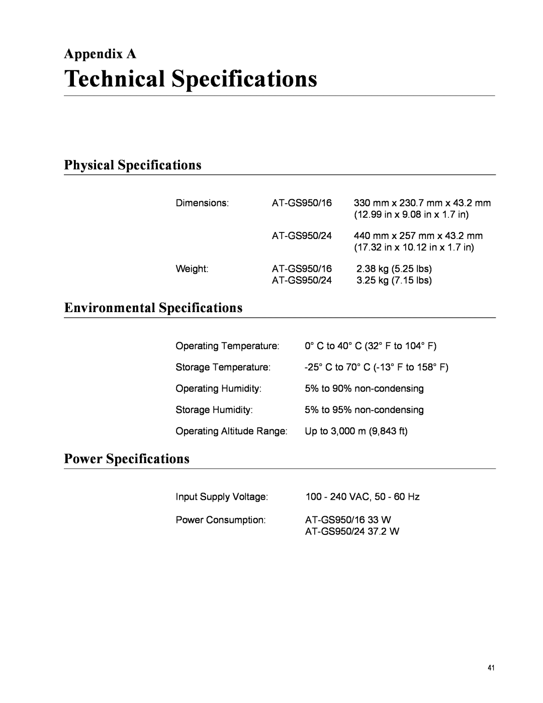 Allied Telesis AT-GS950/16-10 Technical Specifications, Appendix A, Physical Specifications, Environmental Specifications 