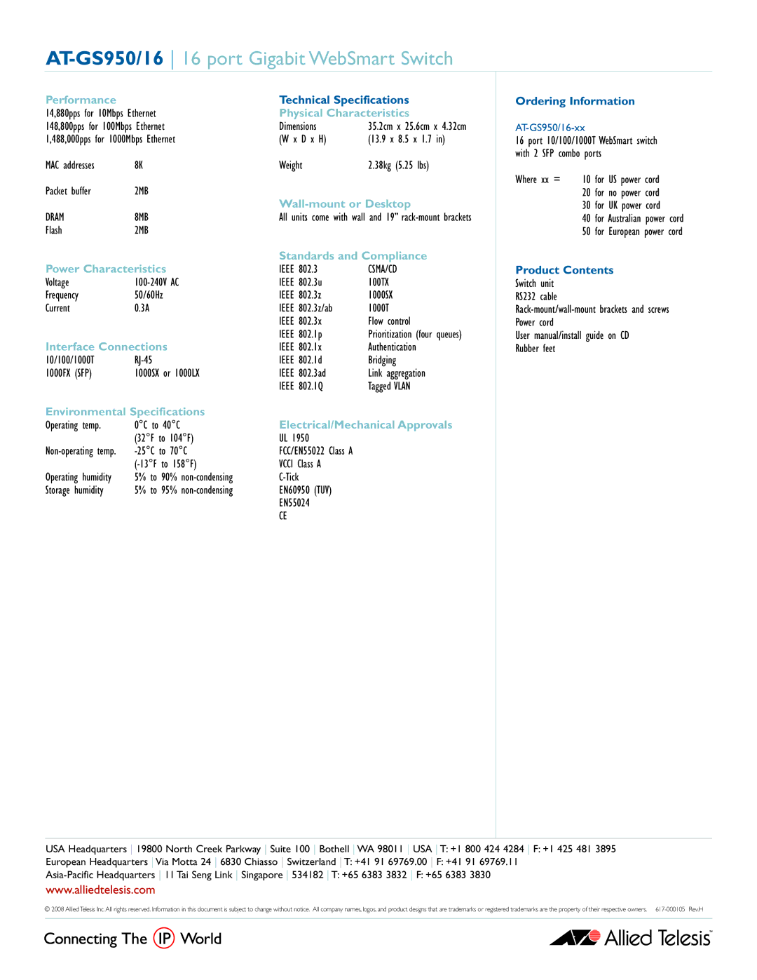 Allied Telesis AT-GS950/24 manual AT-GS950/16 16 port Gigabit WebSmart Switch, Environmental Specifications 