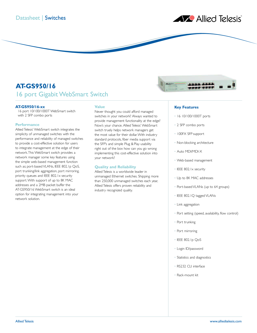 Allied Telesis AT-GS950/24 manual port Gigabit WebSmart Switch, AT-GS950/16-xx, Performance, Value, Key Features 