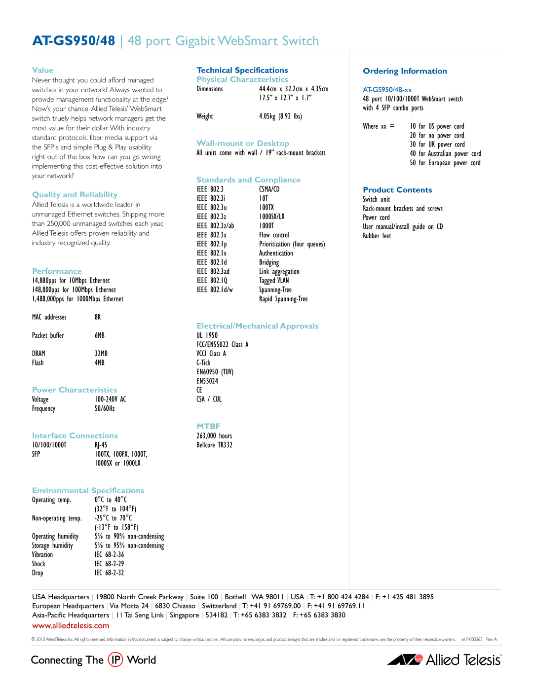 Allied Telesis AT-GS950/48-XX manual AT-GS950/48 48 port Gigabit WebSmart Switch 