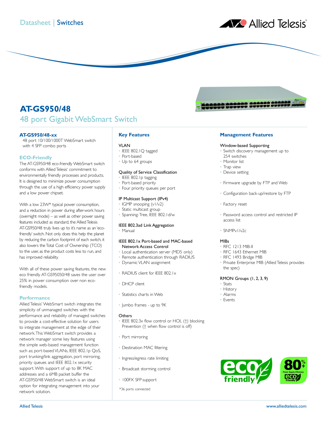 Allied Telesis manual port Gigabit WebSmart Switch, AT-GS950/48-xx, ECO-Friendly, Performance, Key Features 
