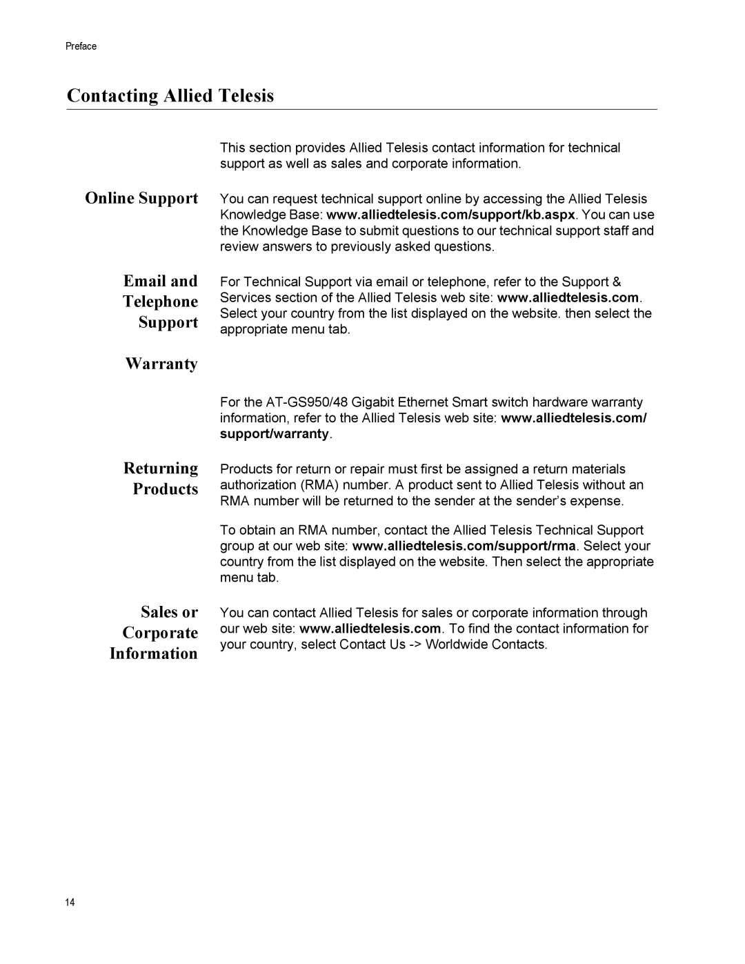 Allied Telesis AT-GS950/48 manual Contacting Allied Telesis 