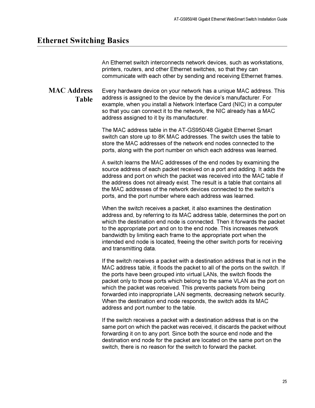 Allied Telesis AT-GS950/48 manual Ethernet Switching Basics, MAC Address Table 