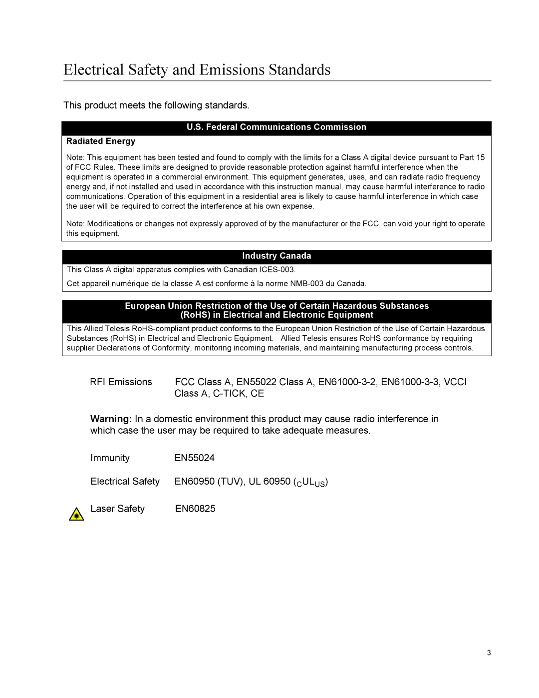 Allied Telesis AT-GS950/48 manual Electrical Safety and Emissions Standards 