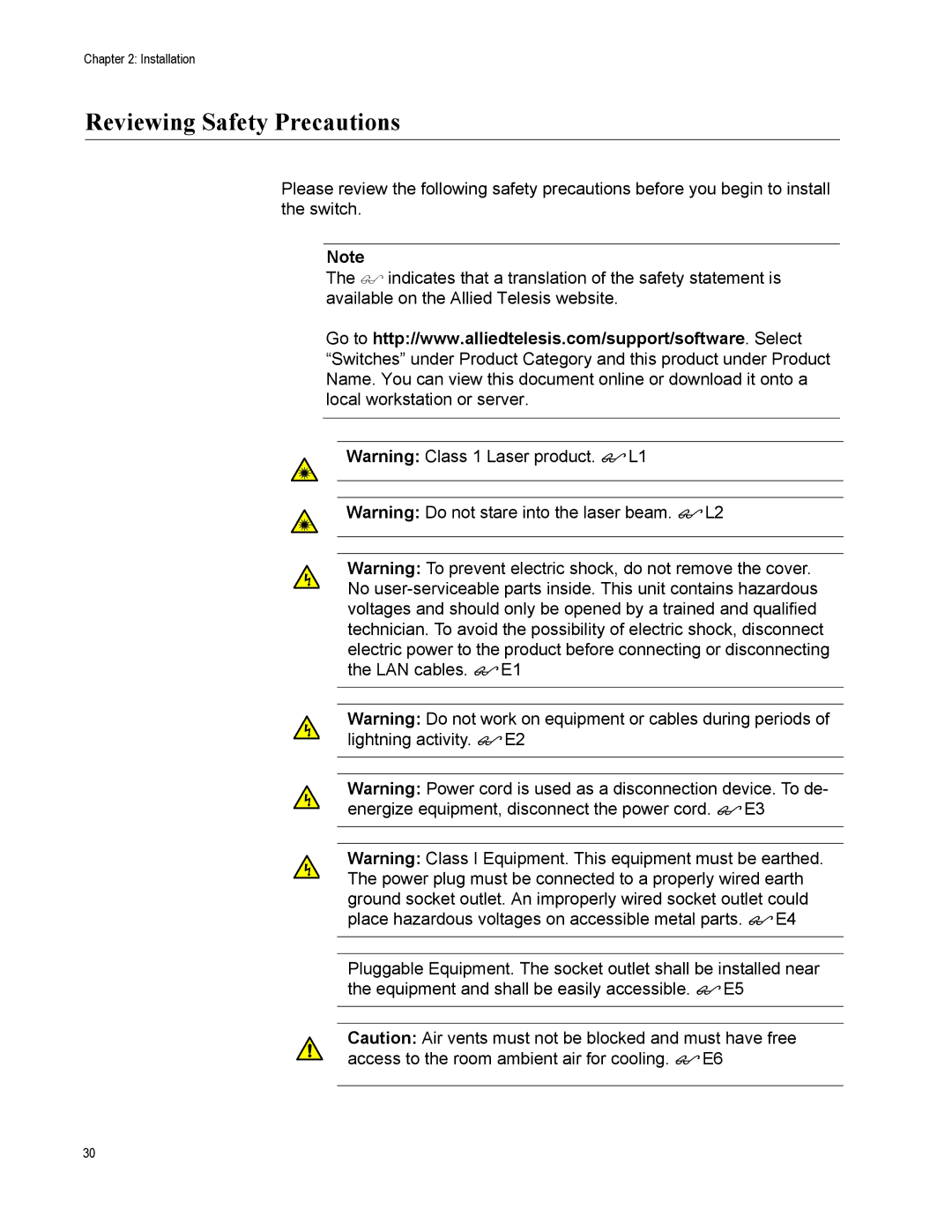 Allied Telesis AT-GS950/48 manual Reviewing Safety Precautions 