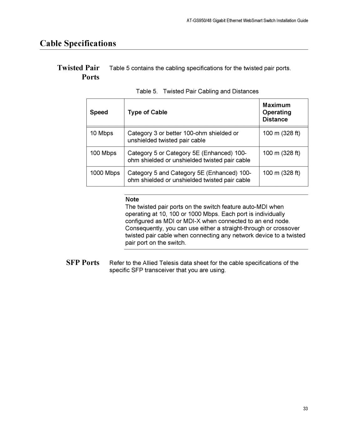 Allied Telesis AT-GS950/48 manual Cable Specifications, Speed Type of Cable Operating Distance 