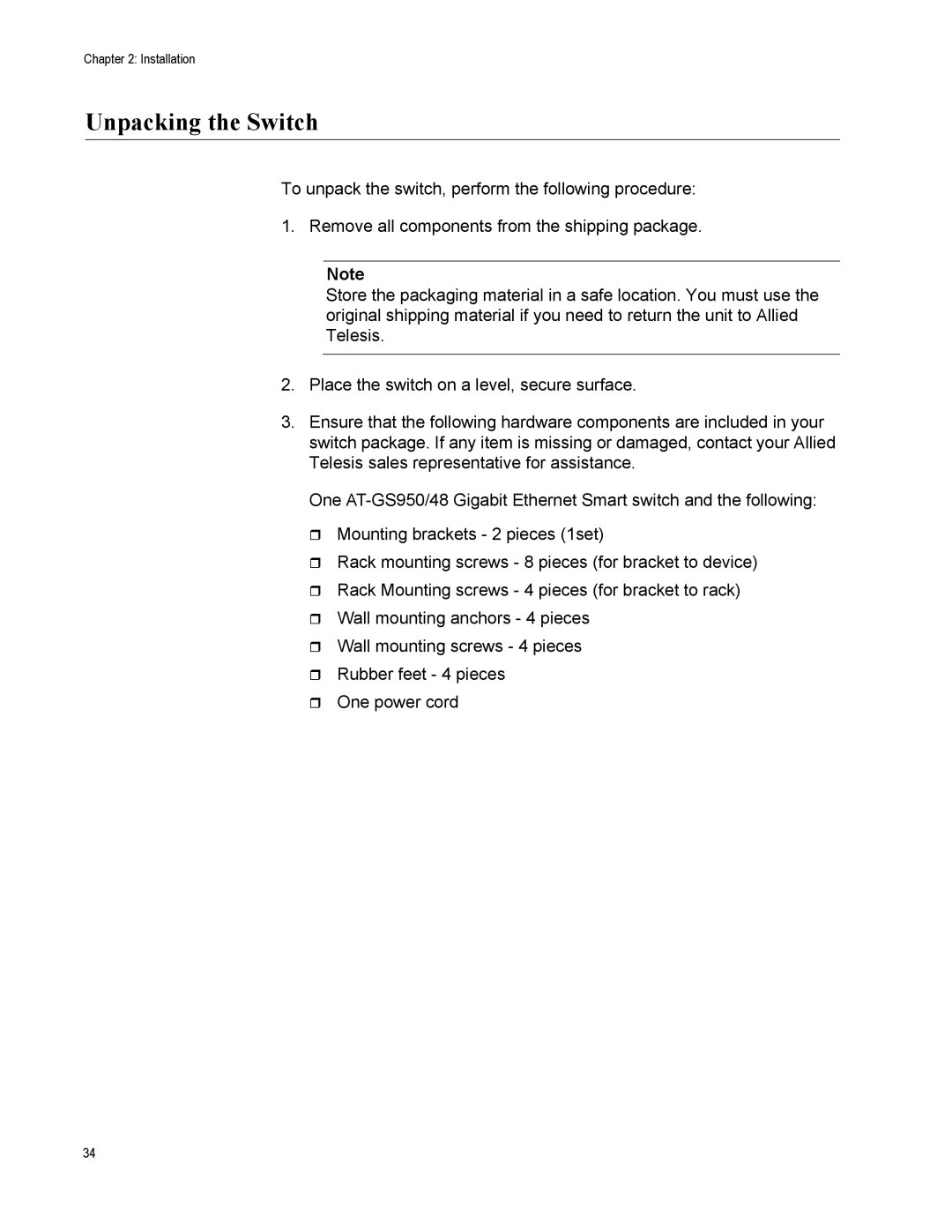 Allied Telesis AT-GS950/48 manual Unpacking the Switch 