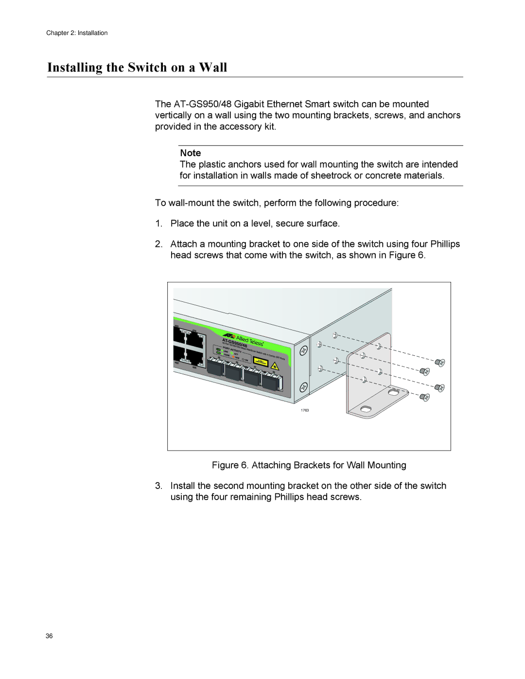 Allied Telesis AT-GS950/48 manual Installing the Switch on a Wall 