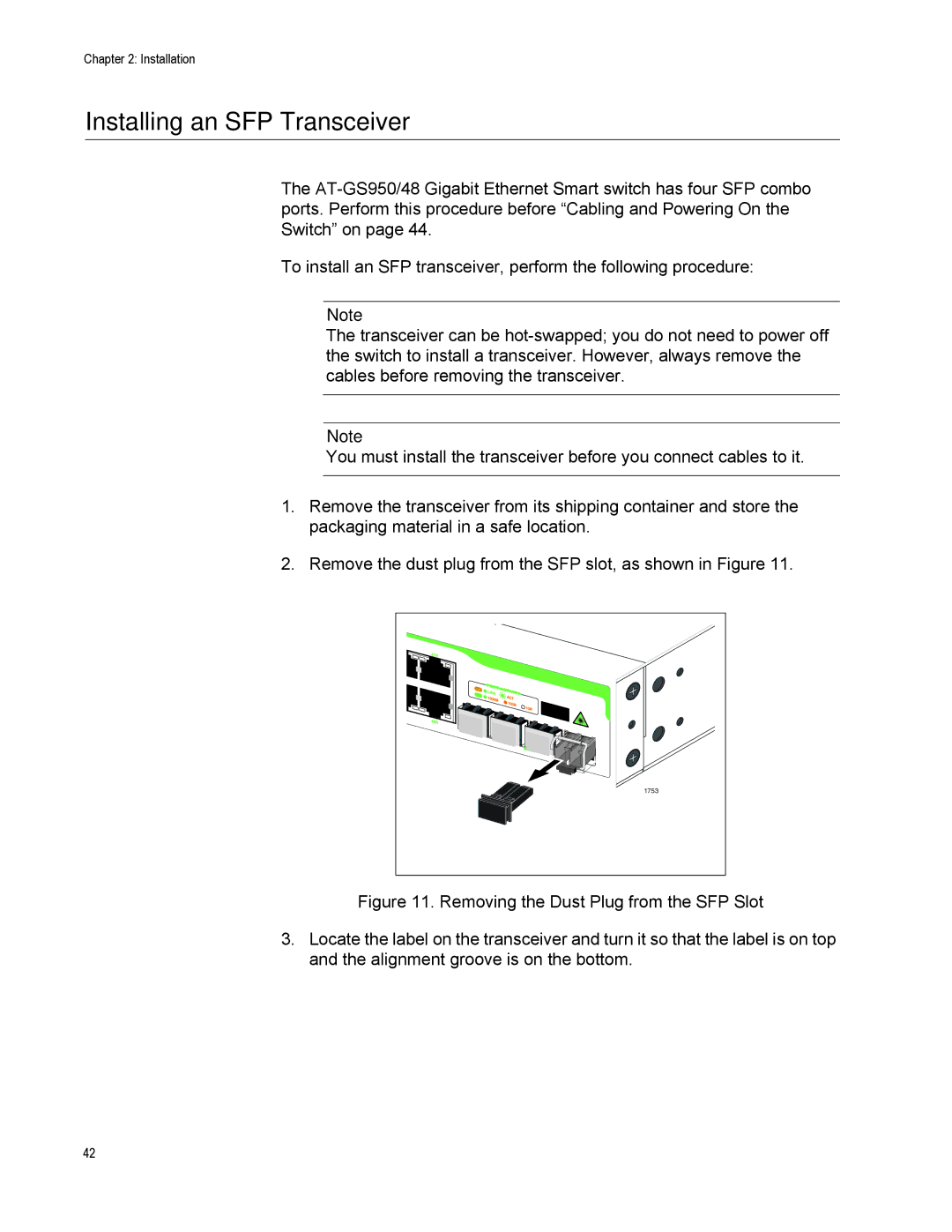 Allied Telesis AT-GS950/48 manual Installing an SFP Transceiver 