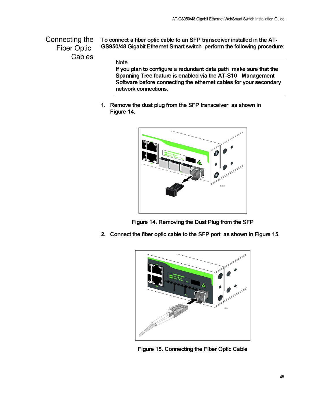 Allied Telesis AT-GS950/48 manual Connecting Fiber Optic Cables 