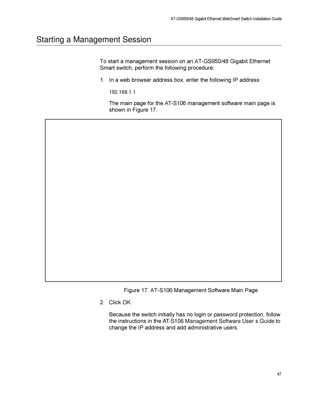 Allied Telesis AT-GS950/48 manual Starting a Management Session 