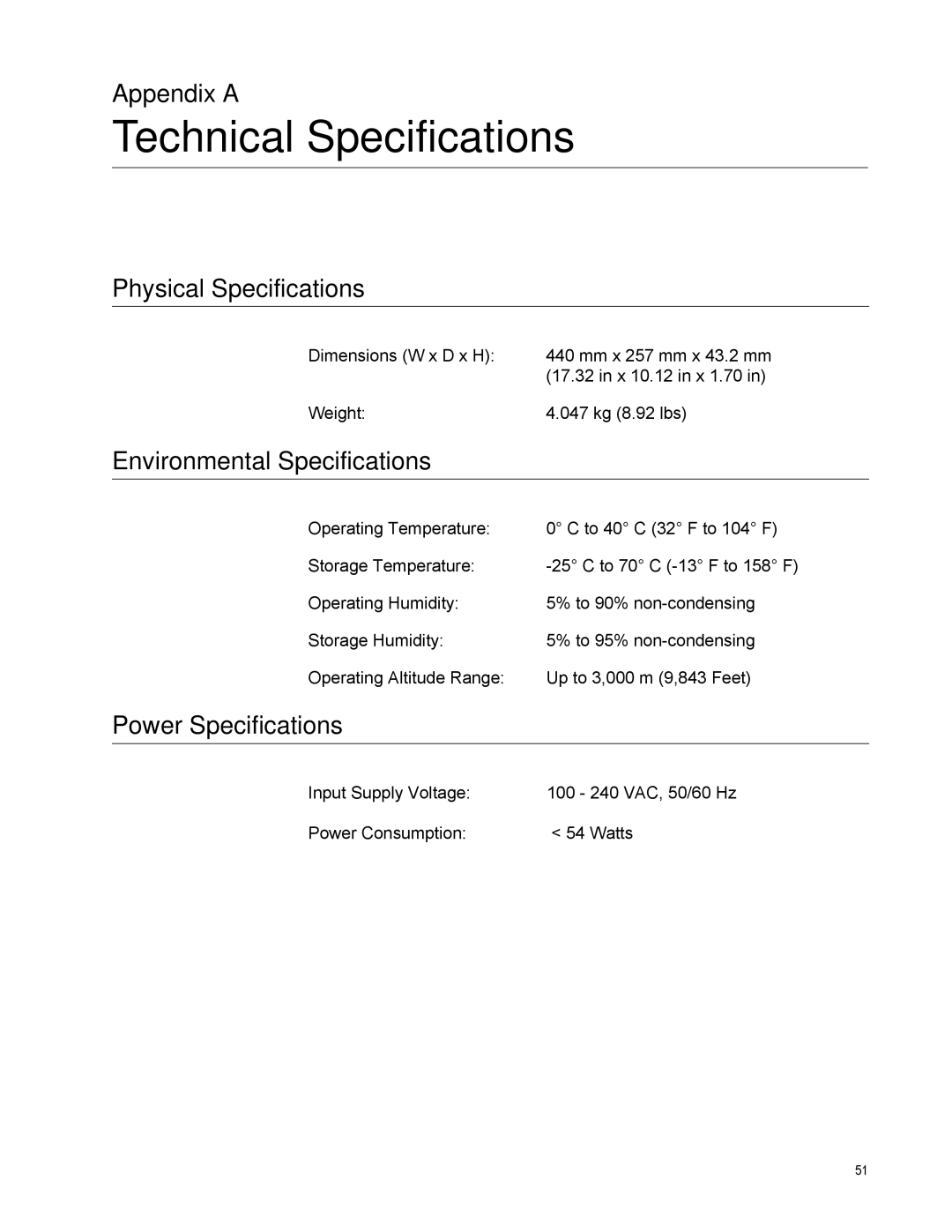 Allied Telesis AT-GS950/48 Technical Specifications, Appendix a, Physical Specifications, Environmental Specifications 