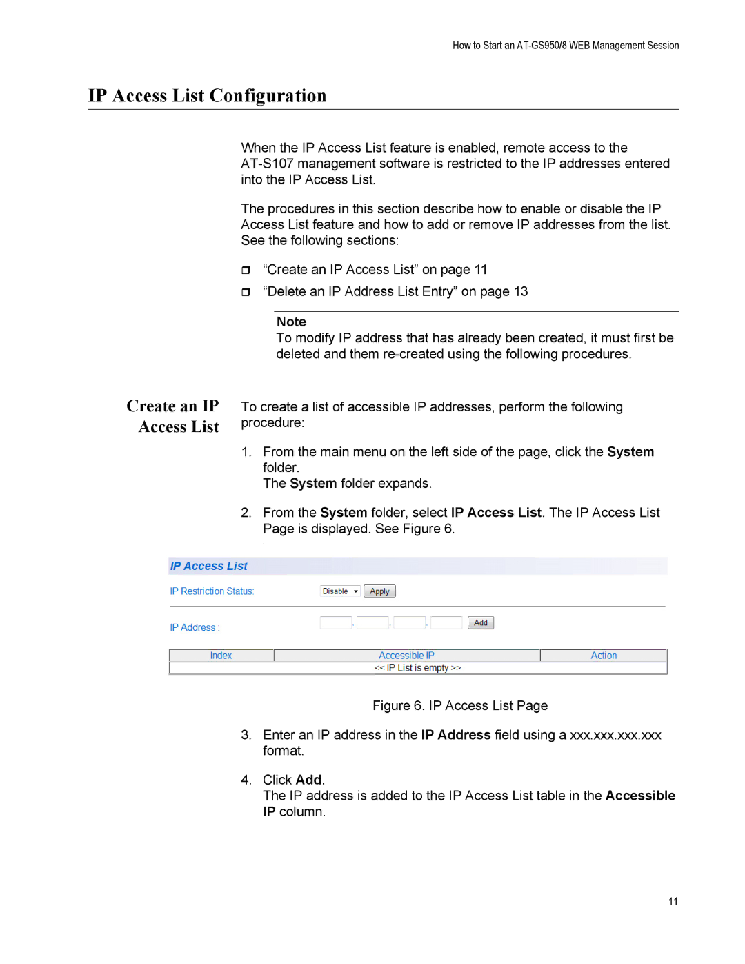 Allied Telesis AT-GS950/8 manual IP Access List Configuration, Create an IP Access List 