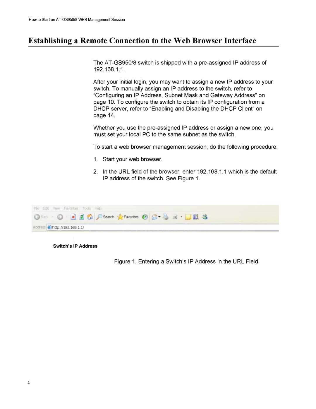 Allied Telesis AT-GS950/8 manual Entering a Switch’s IP Address in the URL Field 