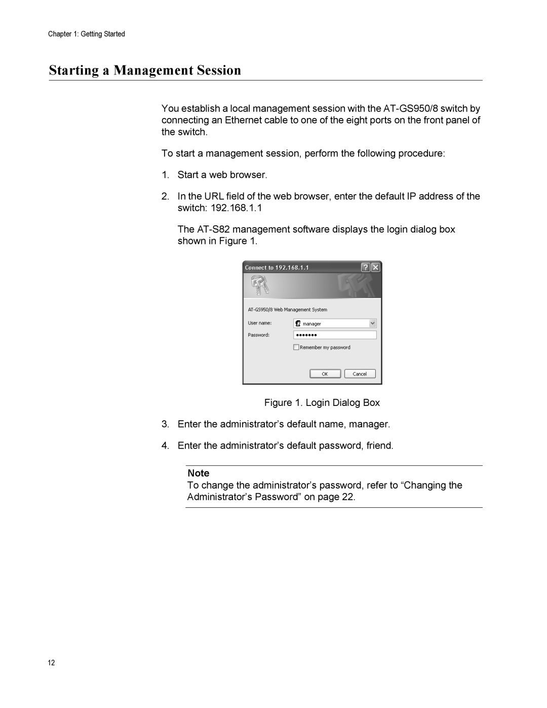 Allied Telesis AT-GS950/8 manual Starting a Management Session 