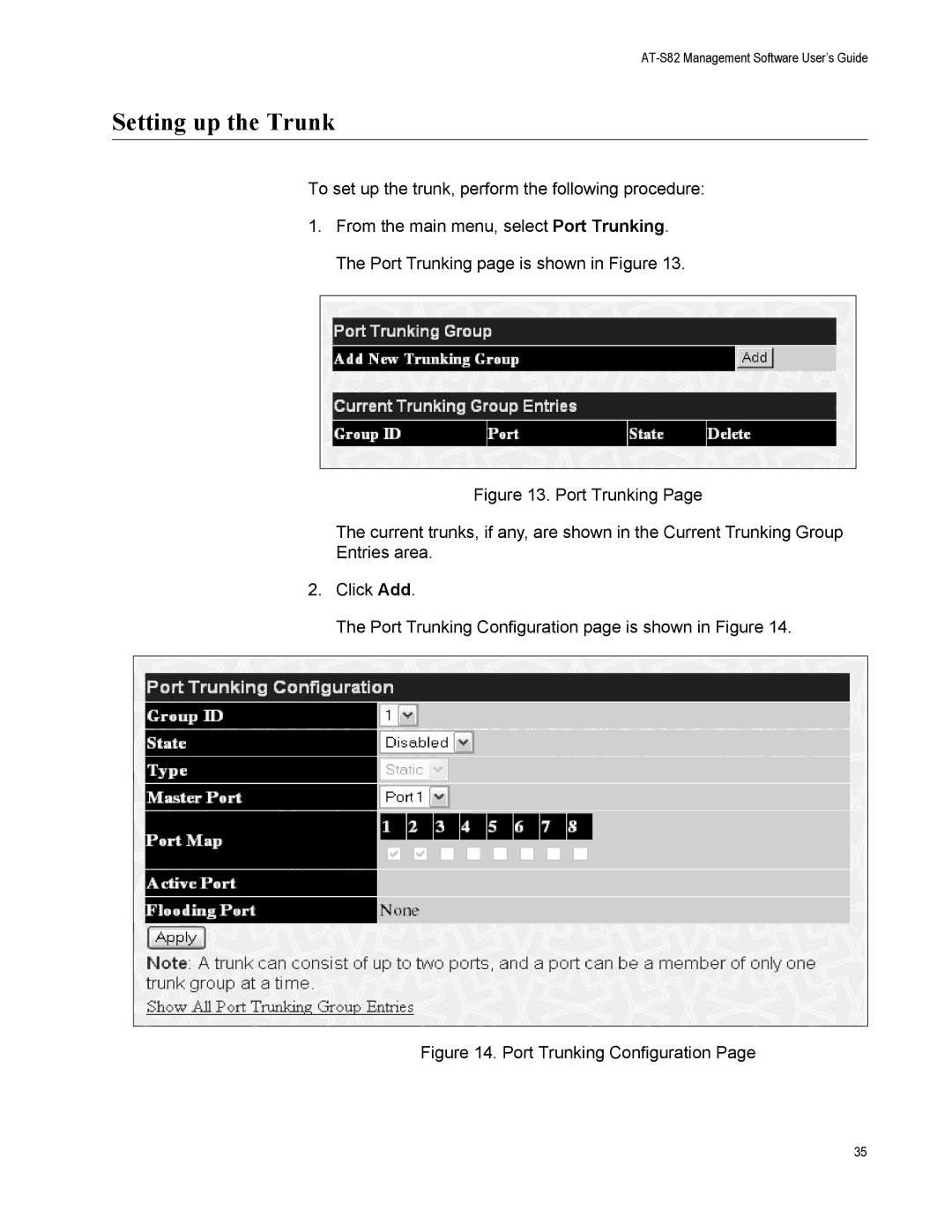 Allied Telesis AT-GS950/8 manual Setting up the Trunk, Port Trunking Configuration 