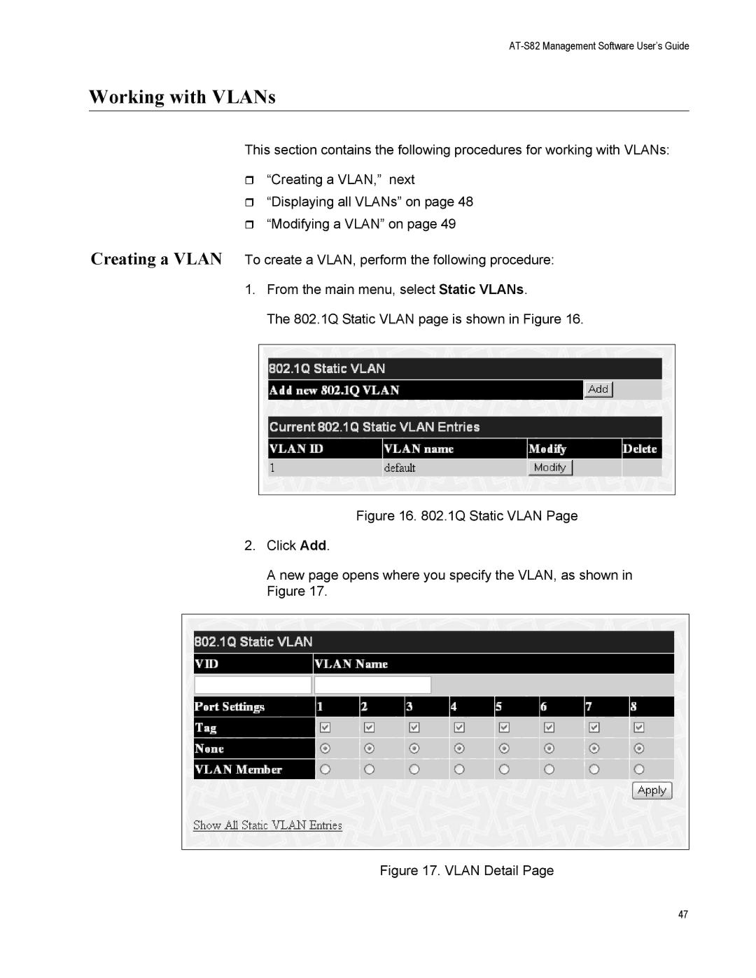 Allied Telesis AT-GS950/8 manual Working with VLANs, Vlan Detail 