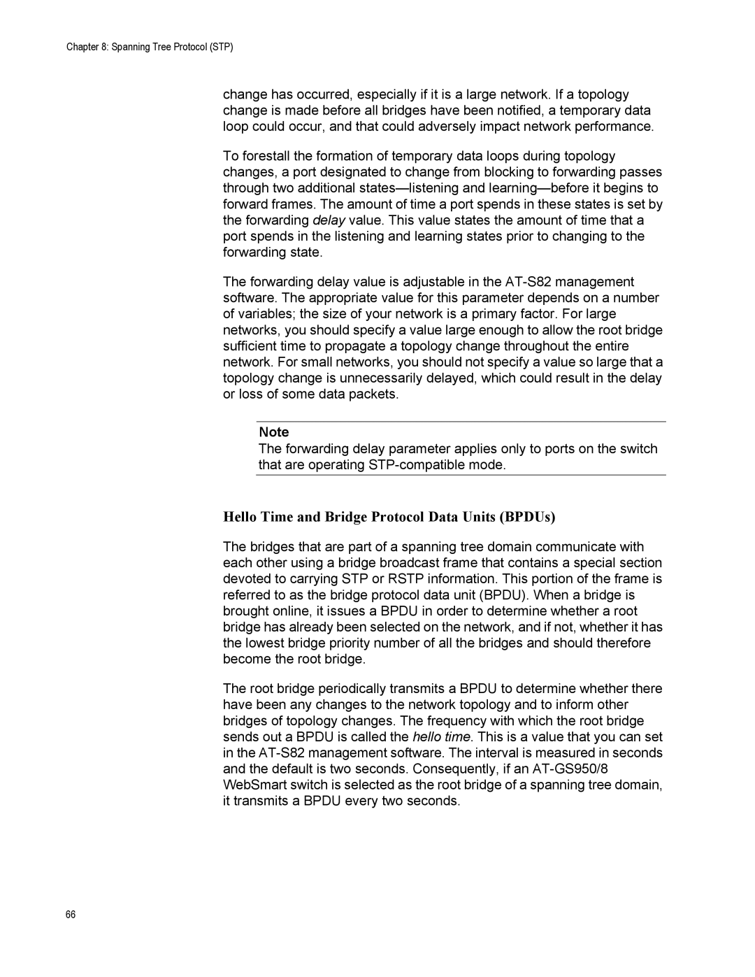 Allied Telesis AT-GS950/8 manual Hello Time and Bridge Protocol Data Units BPDUs 