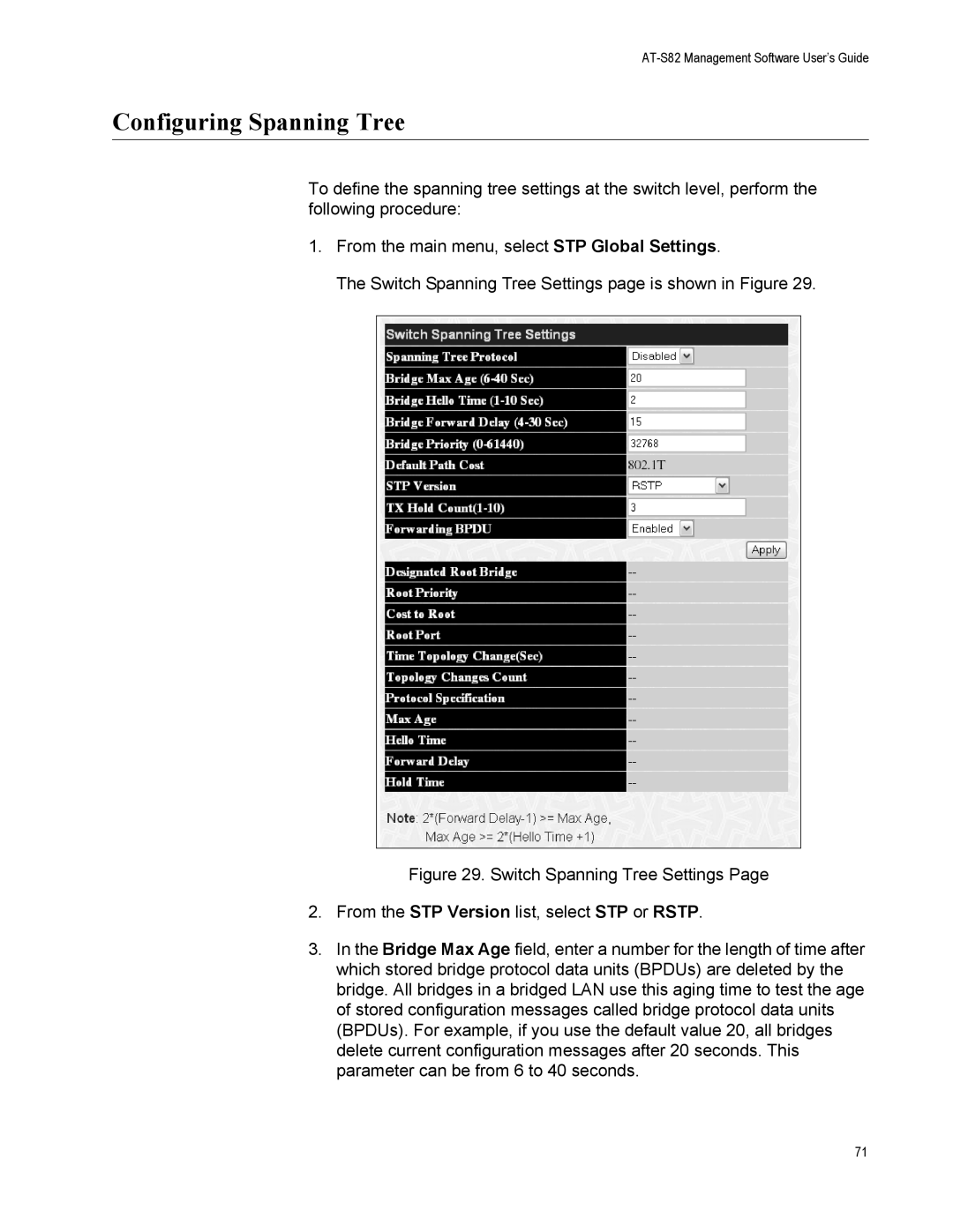 Allied Telesis AT-GS950/8 manual Configuring Spanning Tree 