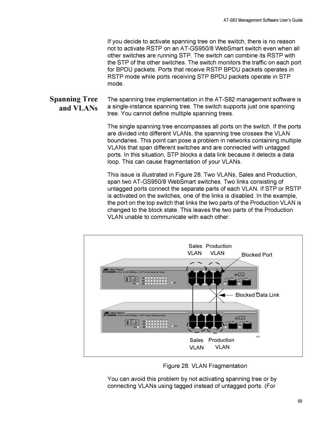 Allied Telesis AT-GS950/8 manual Spanning Tree and VLANs 