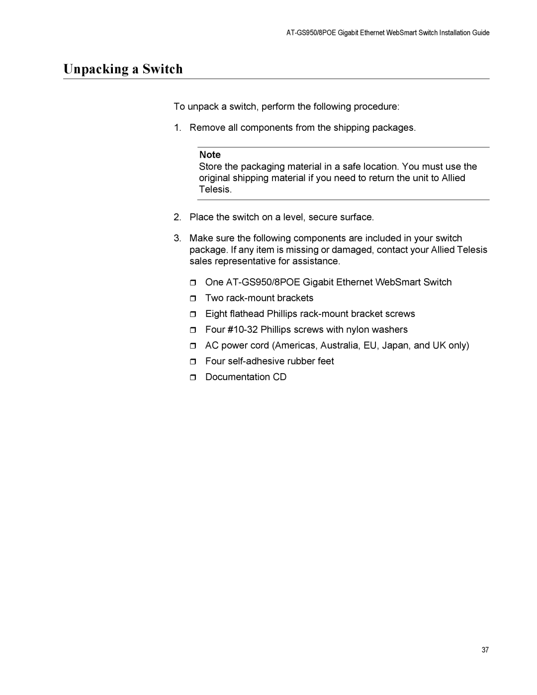 Allied Telesis AT-GS950/8POE manual Unpacking a Switch 