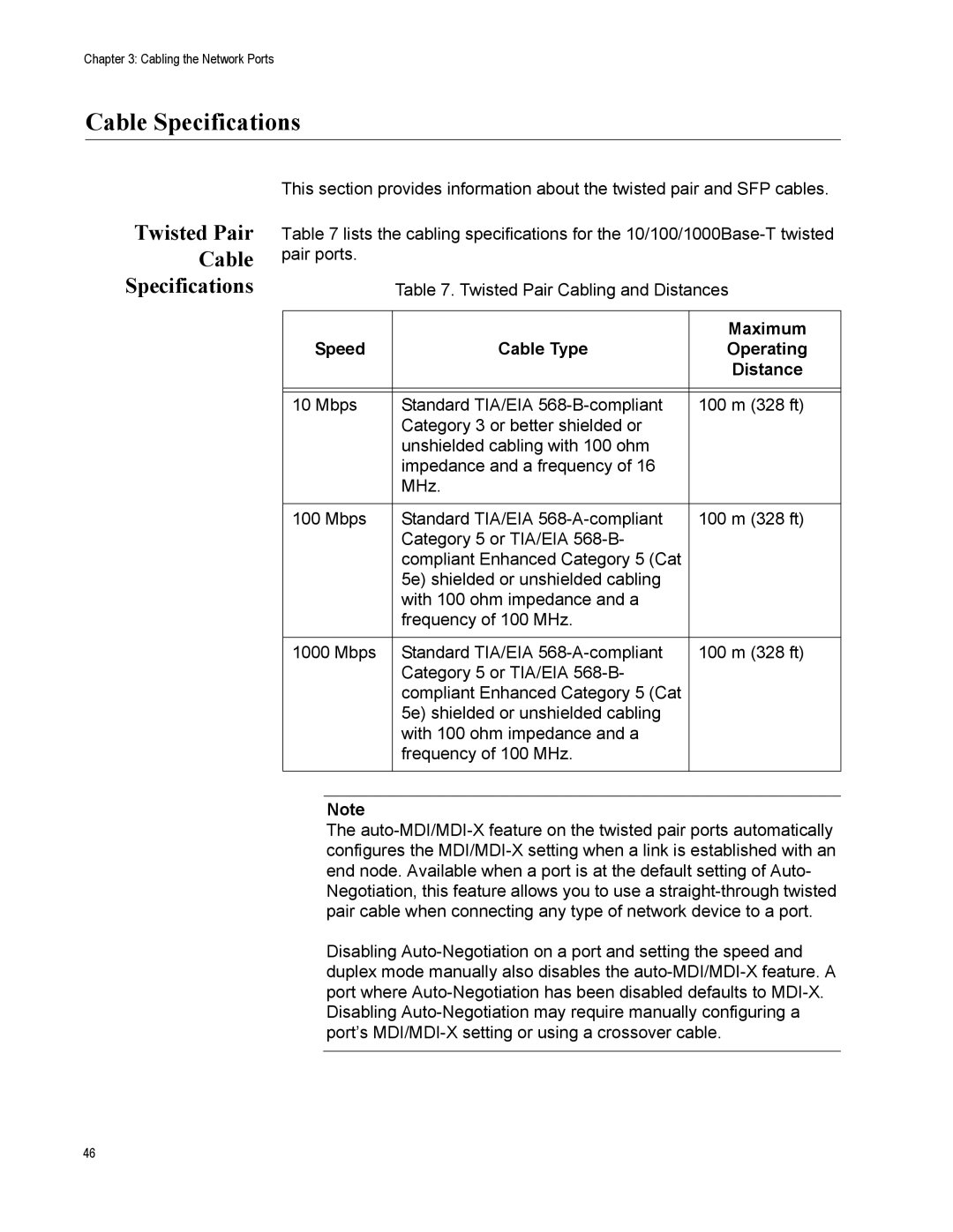 Allied Telesis AT-GS950/8POE manual Twisted Pair Cable Specifications 