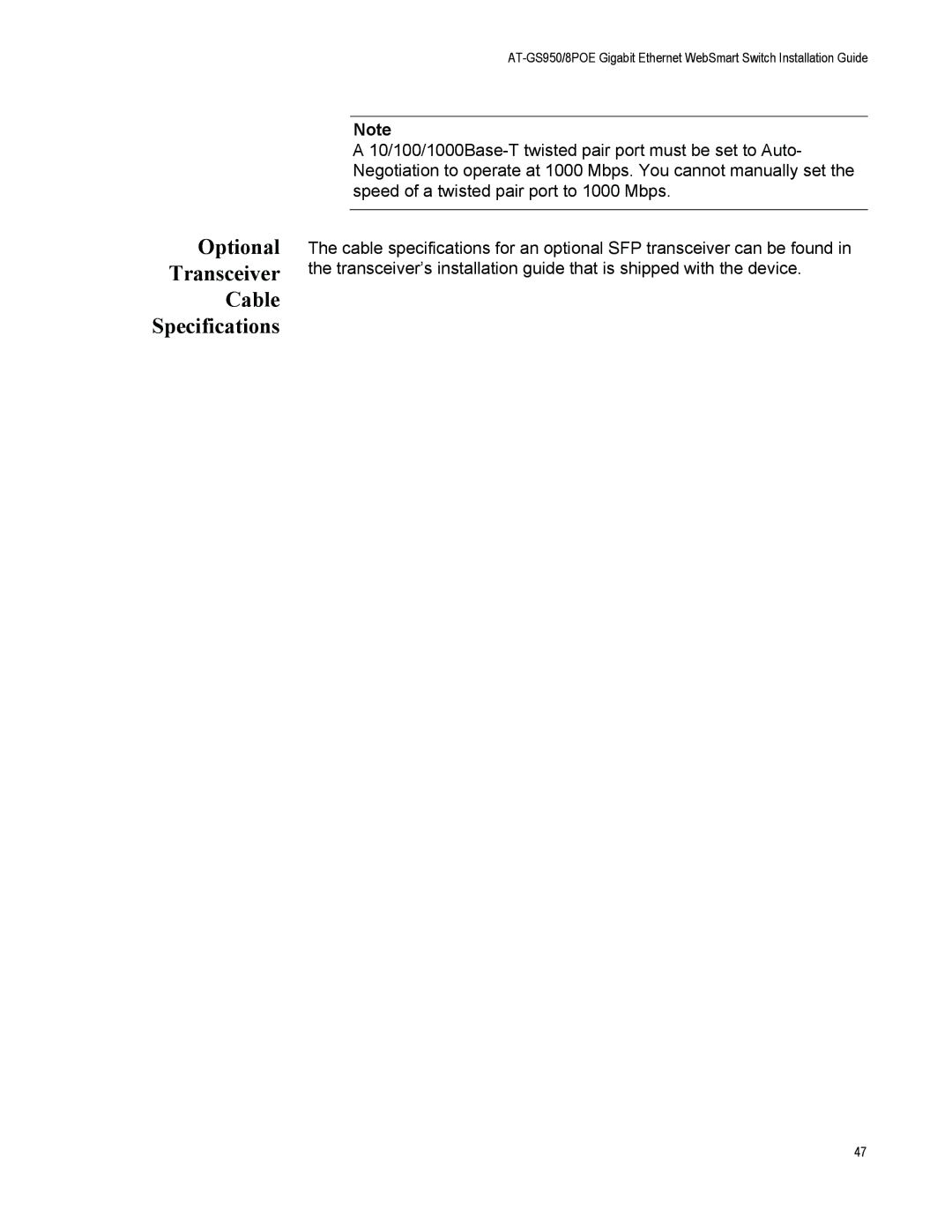 Allied Telesis AT-GS950/8POE manual Optional Transceiver Cable Specifications 