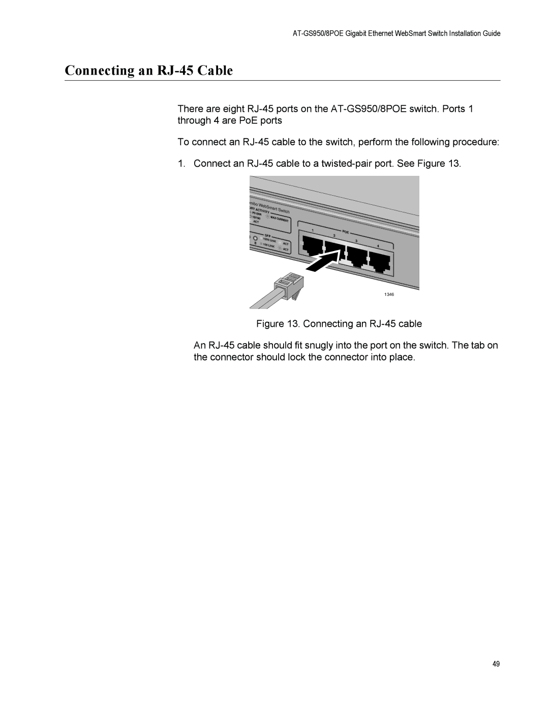 Allied Telesis AT-GS950/8POE manual Connecting an RJ-45 Cable 