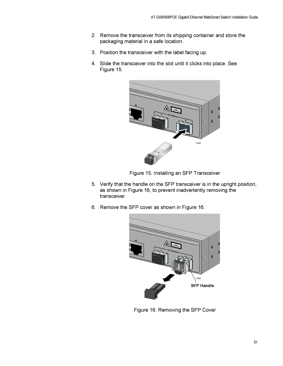 Allied Telesis AT-GS950/8POE manual Removing the SFP Cover 