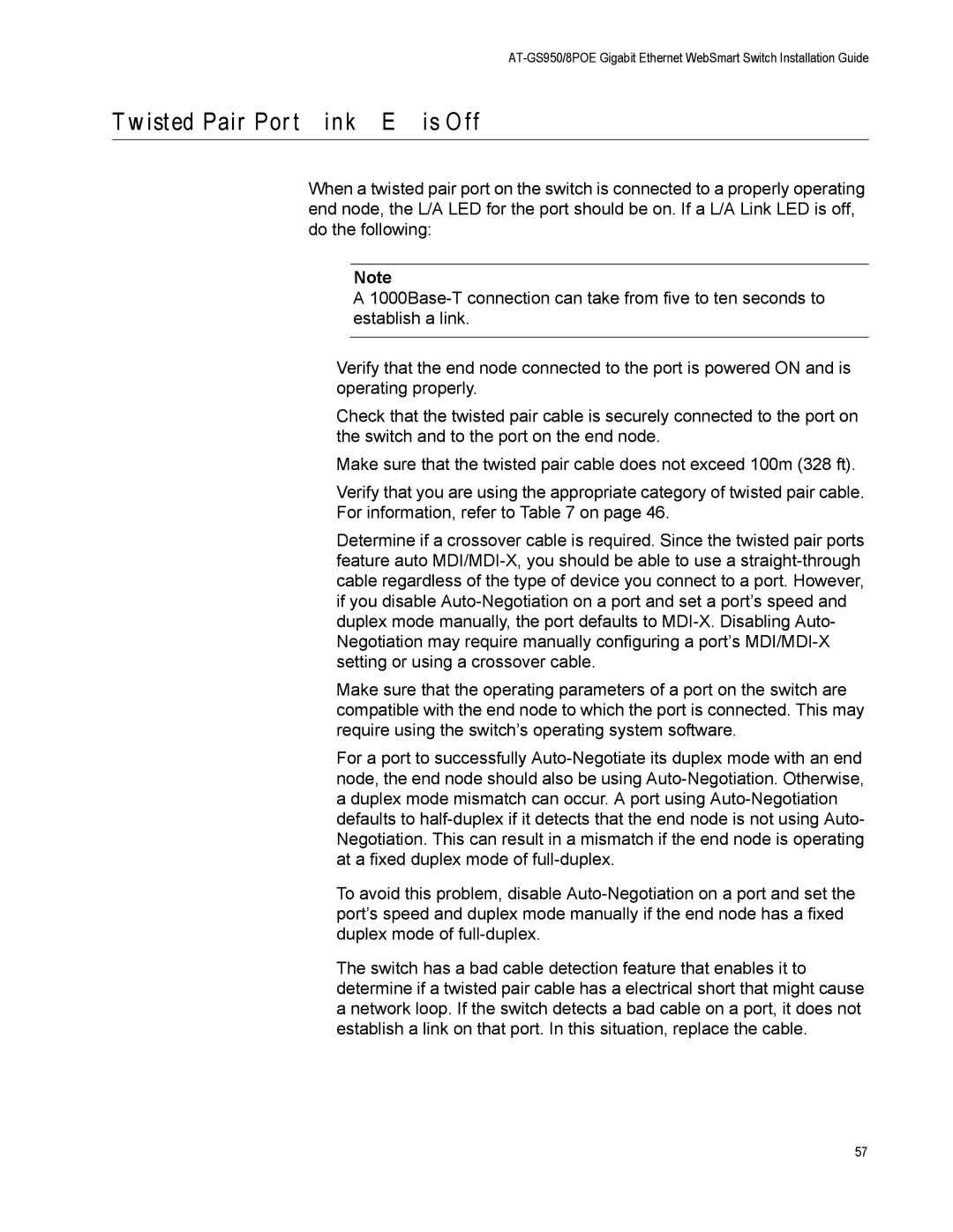 Allied Telesis AT-GS950/8POE manual Twisted Pair Port Link LED is Off 