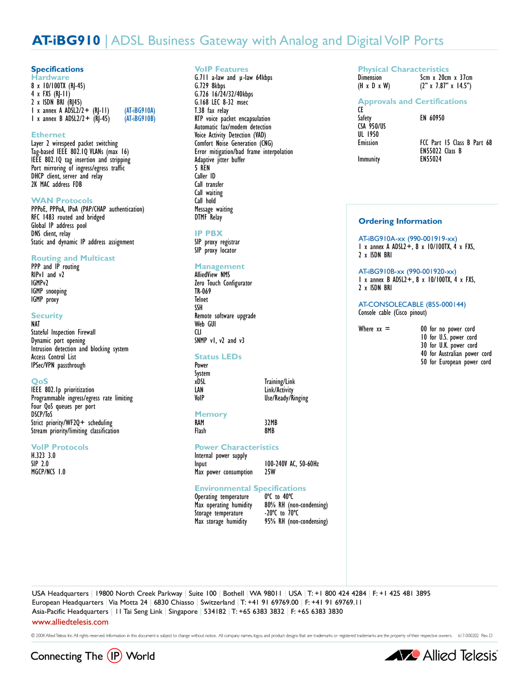 Allied Telesis AT-iBG910 Hardware, Ethernet, WAN Protocols, Routing and Multicast, Security, QoS, VoIP Protocols, Memory 