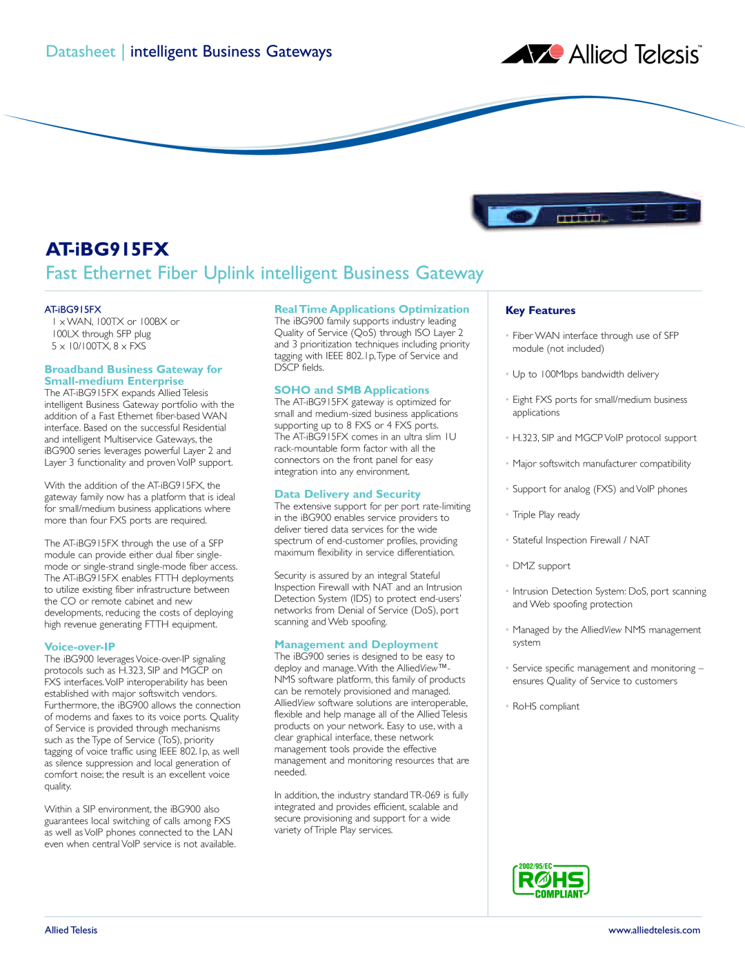Allied Telesis manual Fast Ethernet Fiber Uplink intelligent Business Gateway, Key Features, AT-iBG915FX 