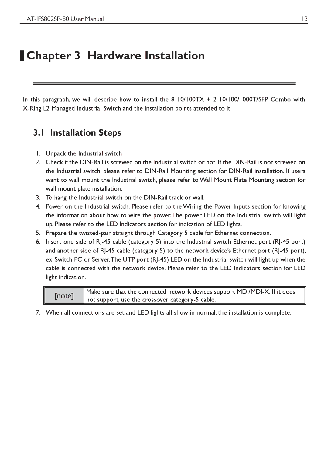 Allied Telesis AT-IFS802SP manual Hardware Installation, Installation Steps 