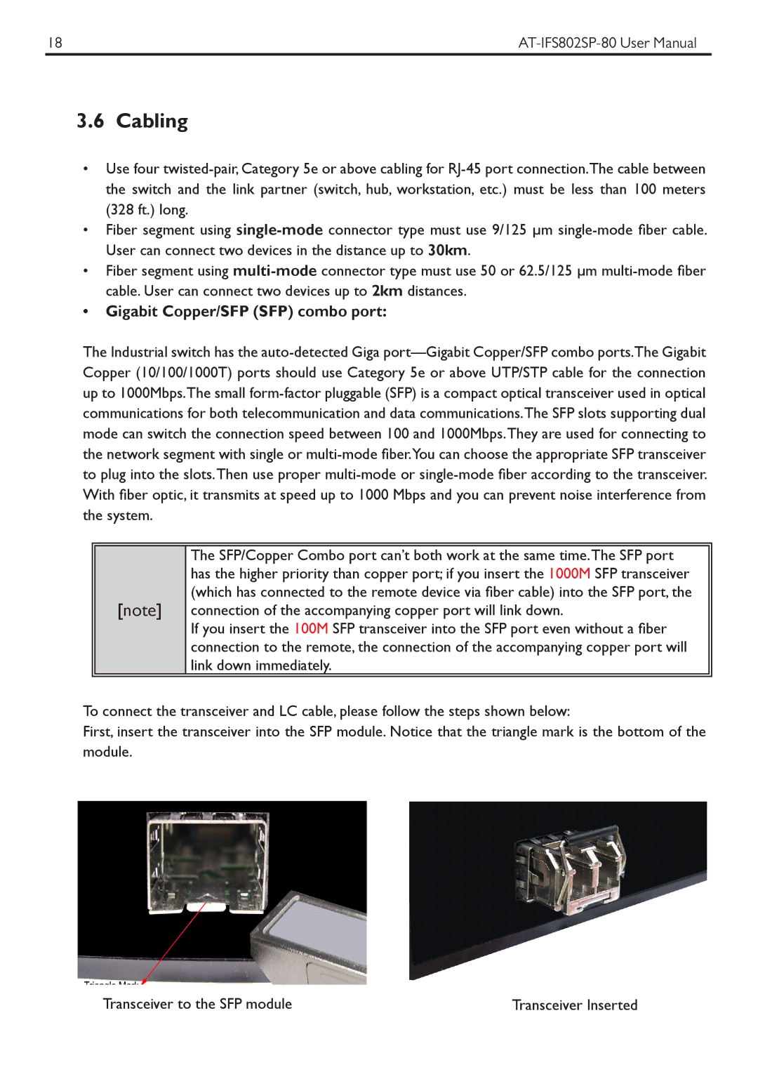 Allied Telesis AT-IFS802SP manual Cabling, Gigabit Copper/SFP SFP combo port 