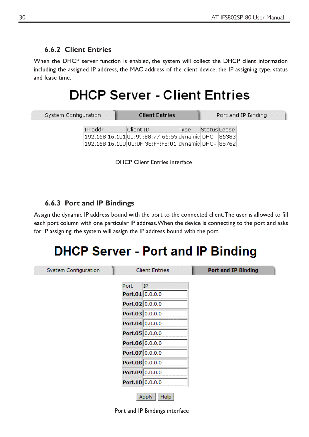 Allied Telesis AT-IFS802SP manual Client Entries, Port and IP Bindings 