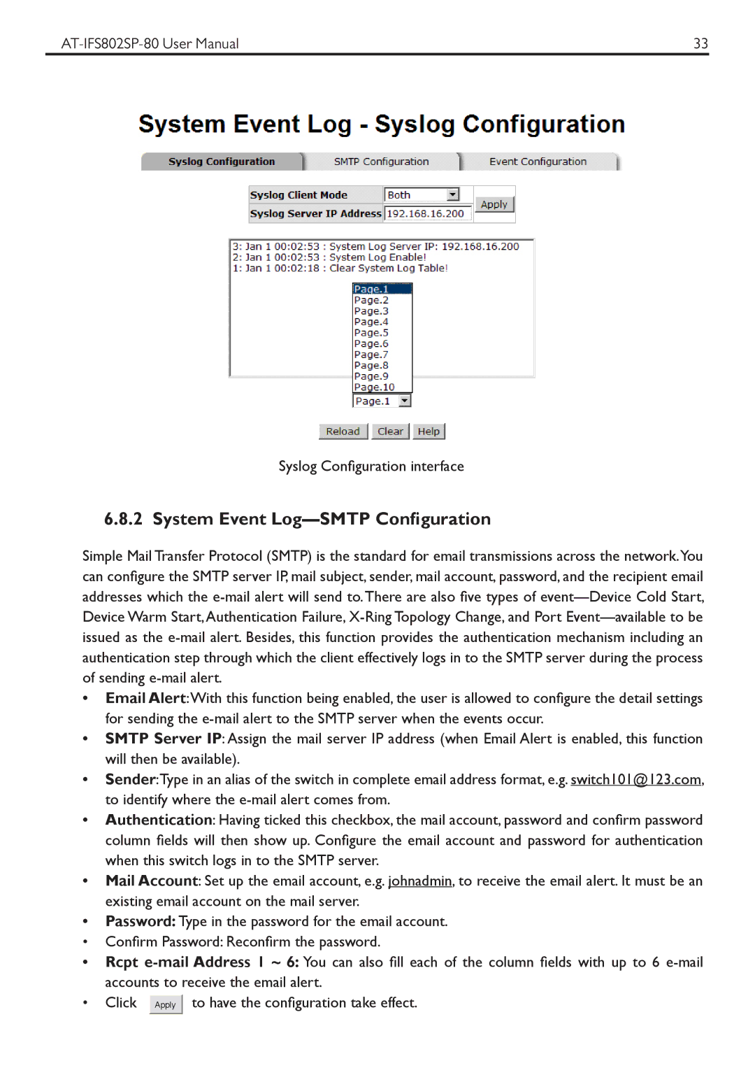 Allied Telesis AT-IFS802SP manual System Event Log-SMTP Configuration 