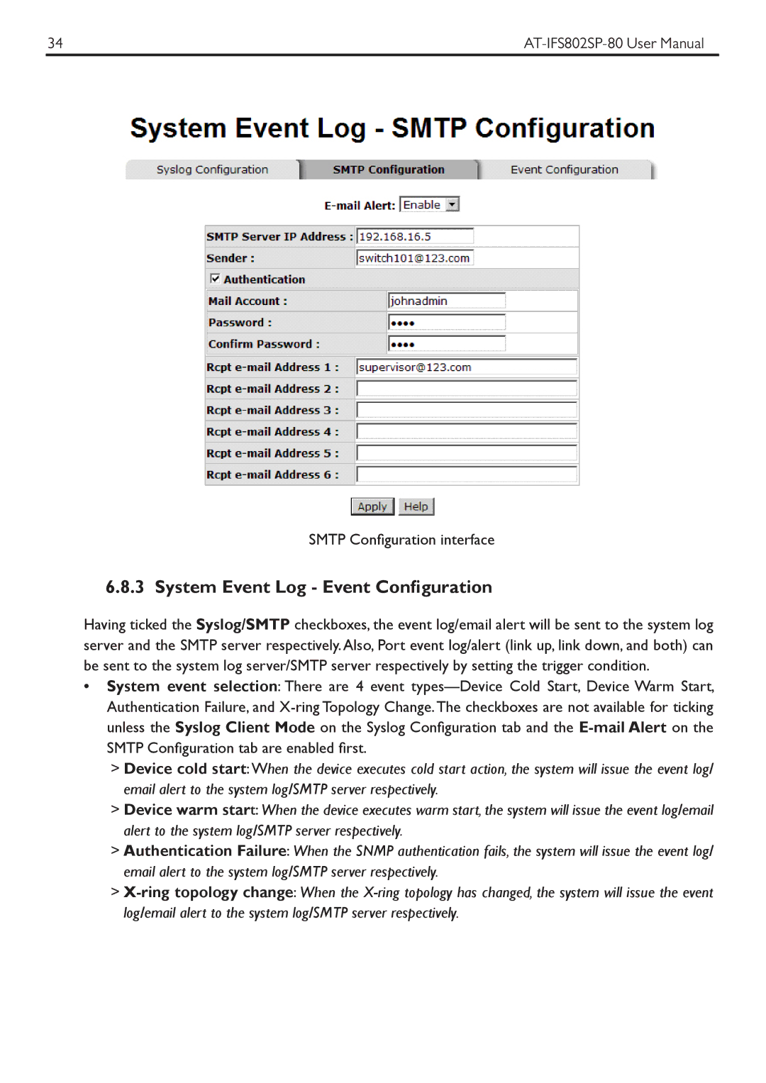 Allied Telesis AT-IFS802SP manual System Event Log Event Configuration 