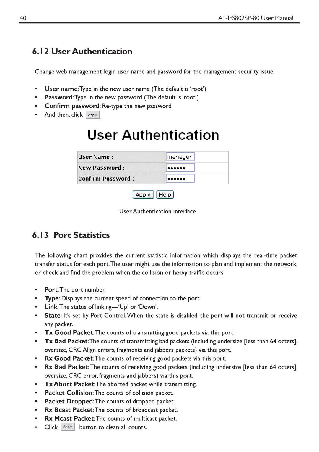 Allied Telesis AT-IFS802SP manual User Authentication, Port Statistics 