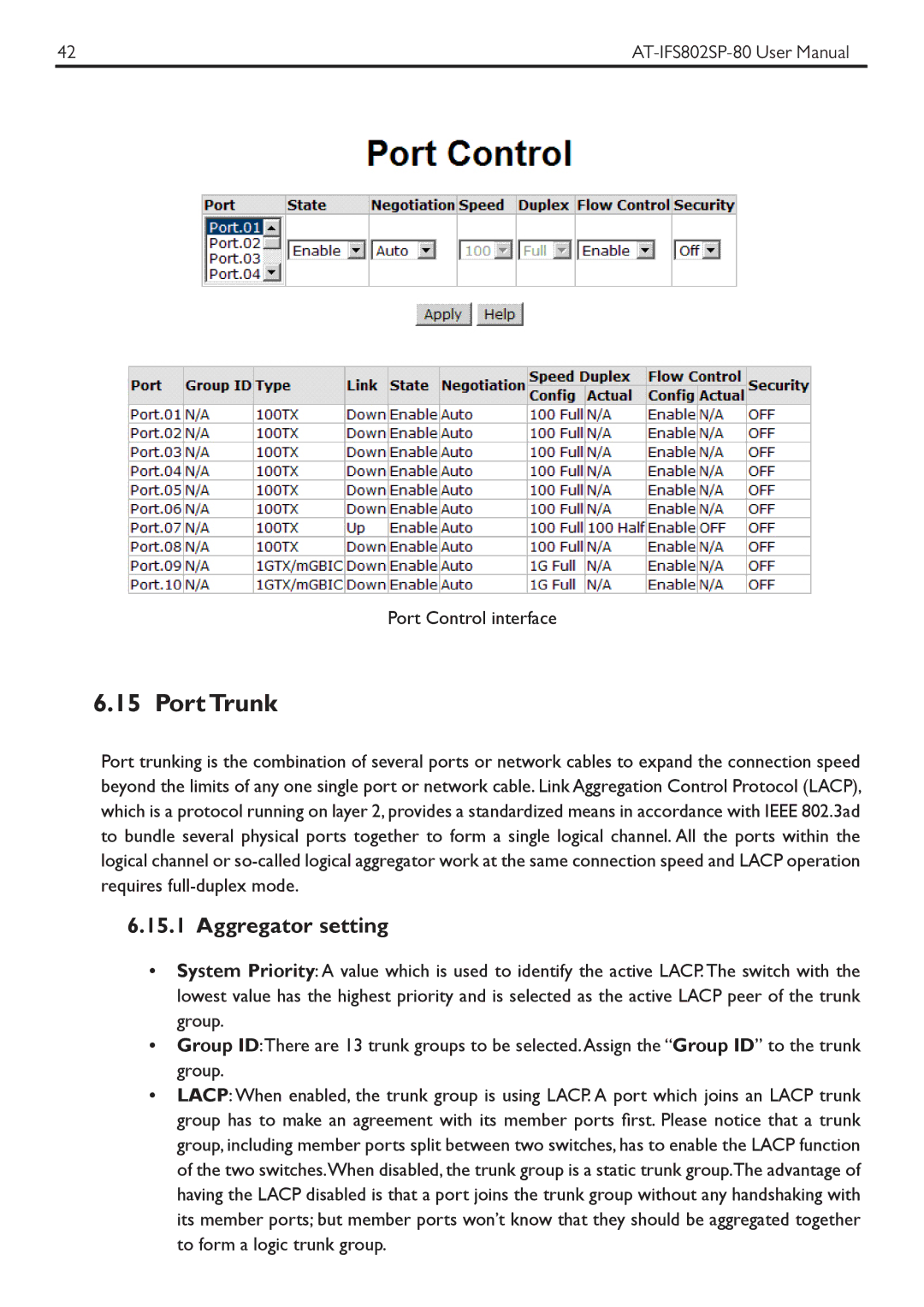 Allied Telesis AT-IFS802SP manual Port Trunk, Aggregator setting 