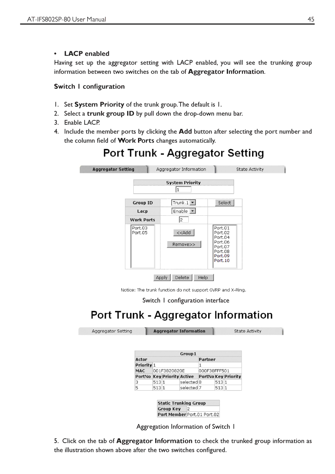 Allied Telesis AT-IFS802SP manual Lacp enabled 