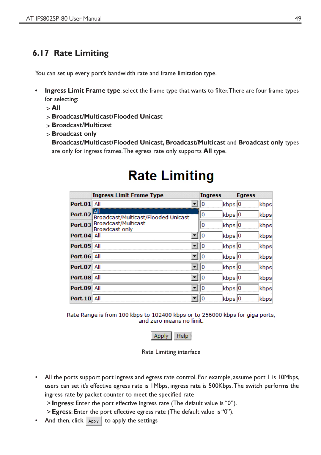 Allied Telesis AT-IFS802SP manual Rate Limiting 