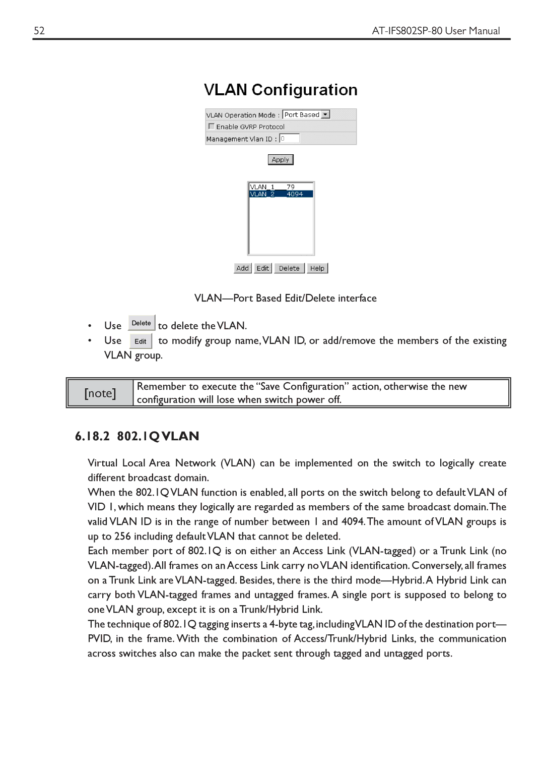 Allied Telesis AT-IFS802SP manual 18.2 802.1Q Vlan 