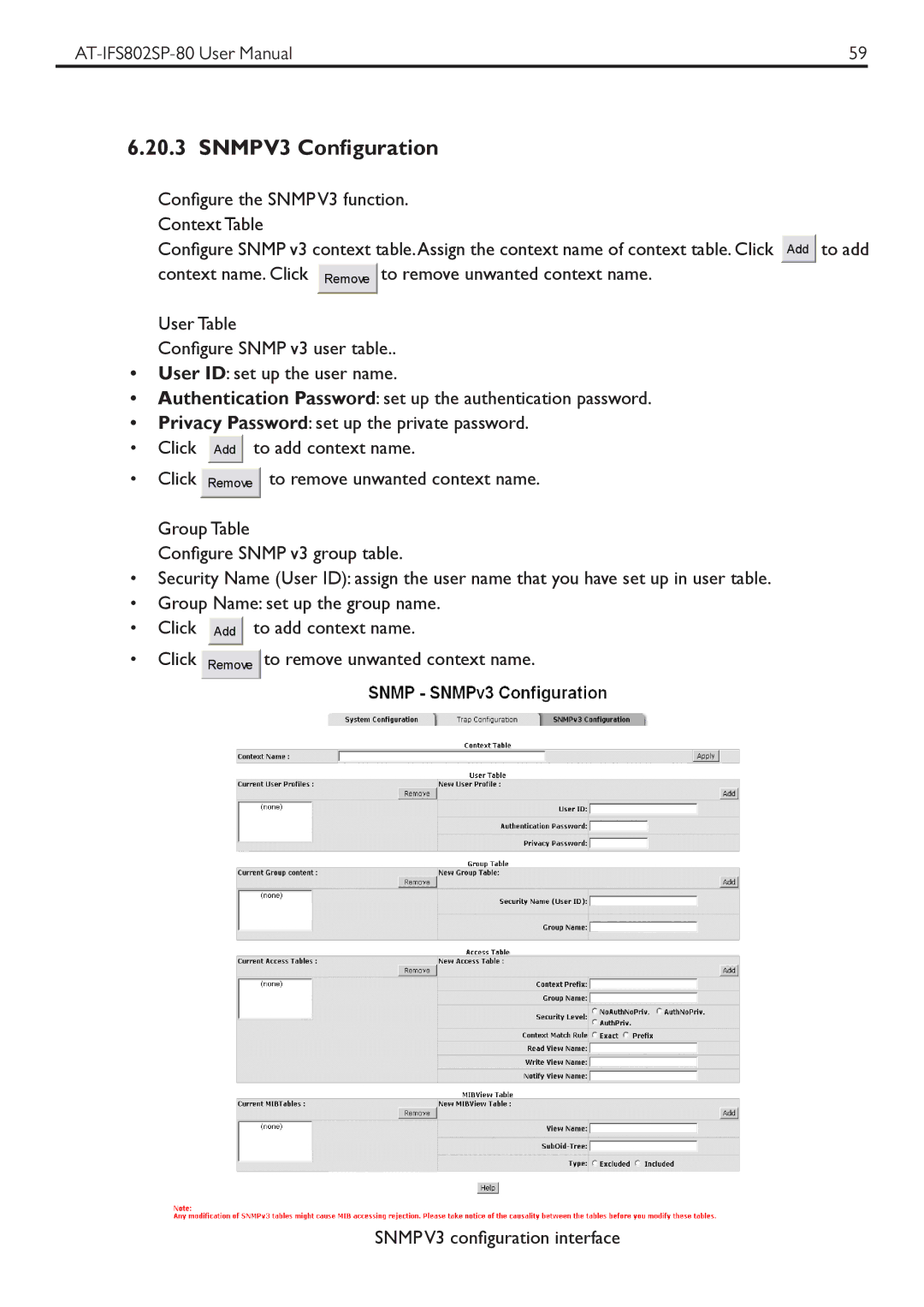 Allied Telesis AT-IFS802SP manual SNMPV3 Configuration 