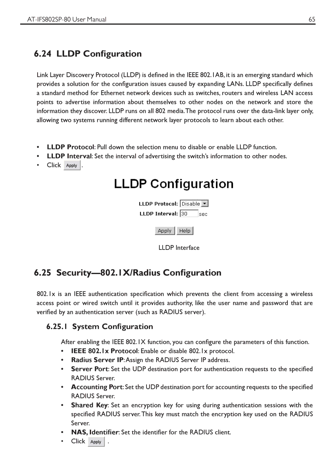 Allied Telesis AT-IFS802SP manual Lldp Configuration, Security-802.1X/Radius Configuration 