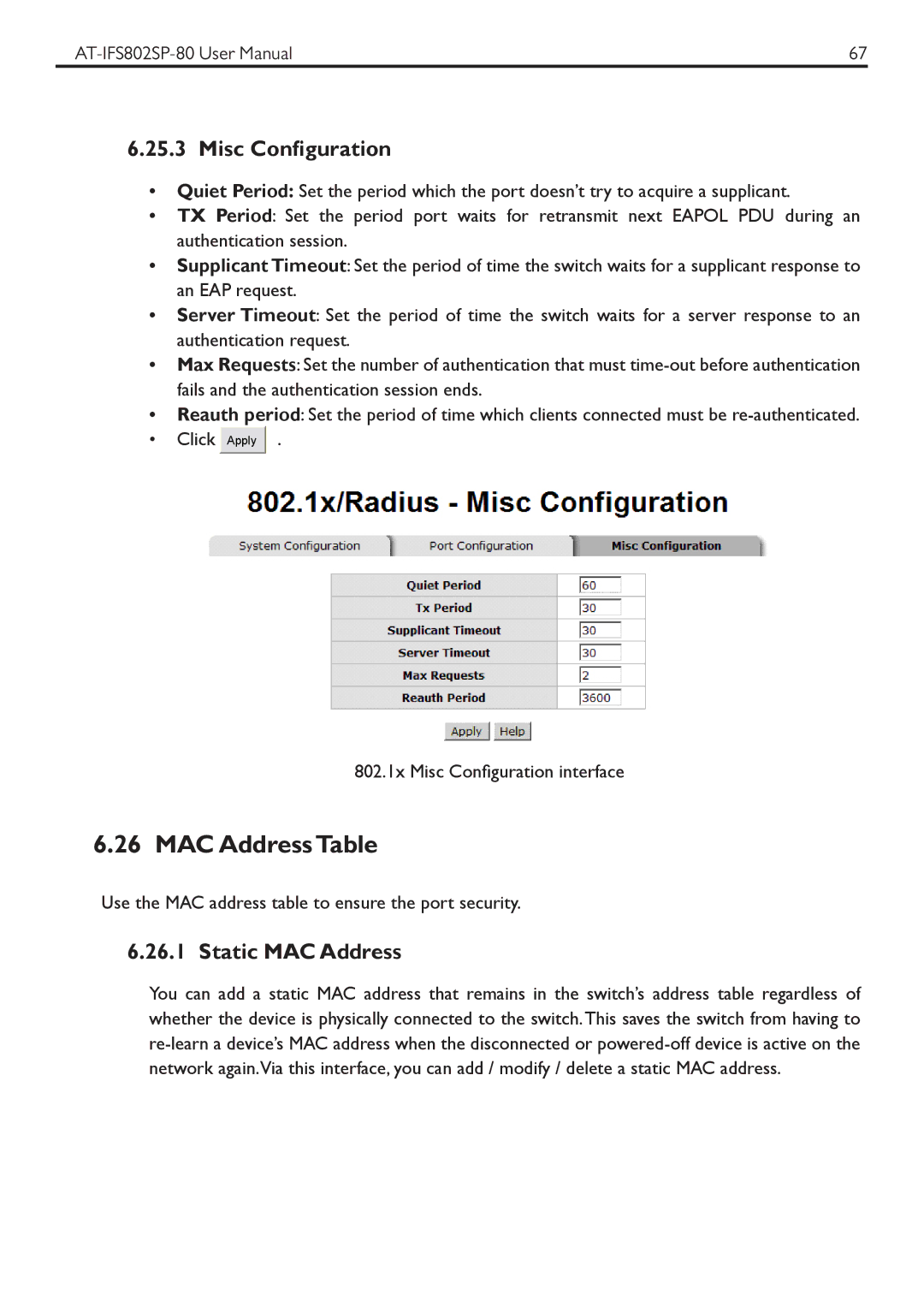 Allied Telesis AT-IFS802SP manual MAC Address Table, Misc Configuration, Static MAC Address 